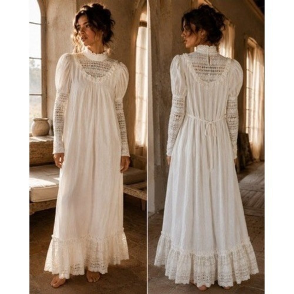 Vintage Joseph Magnin White Eyelet‎ Lace Victorian Prairie Maxi Dress ILGWU 70s